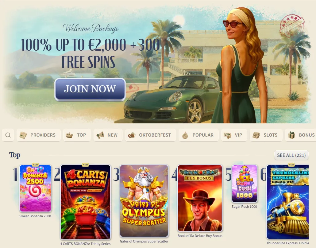 Homepage di VipLuck da desktop con il pacchetto di benvenuto 100% fino a 2.000 € e 300 giri