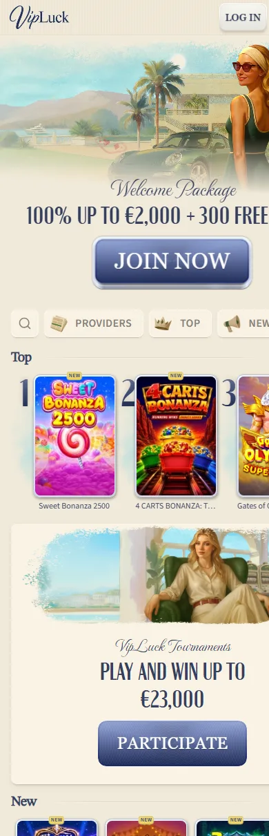 VipLuck su iPhone: homepage mobile con barra di navigazione
